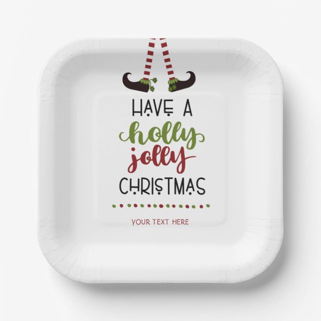 Cute Elf Holly Jolly Christmas Personalized Paper Plates (Front)