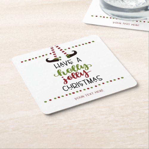 Cute Elf Holly Jolly Christmas Personalized Square Paper Coaster