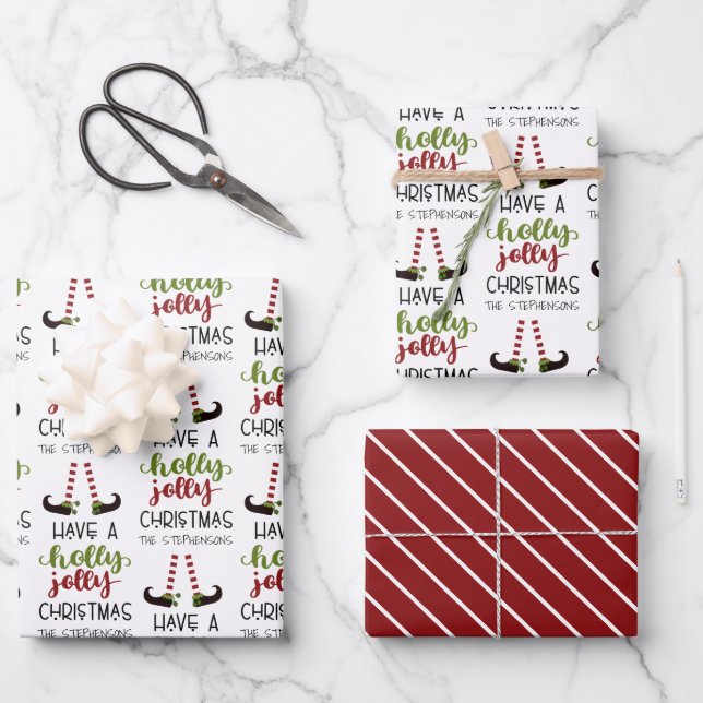 Cute Elf Holly Jolly Christmas Personalized Wrapping Paper Sheets (Front)