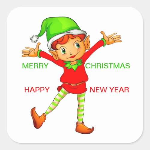 Cute Elf Merry Christmas  Happy New Year Colorful Square Sticker