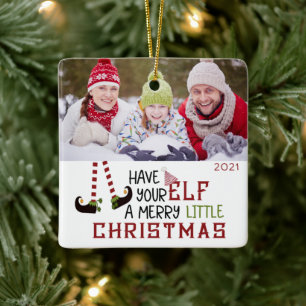 Cute Elf MERRY LITTLE CHRISTMAS 2 Photo Ceramic Ornament