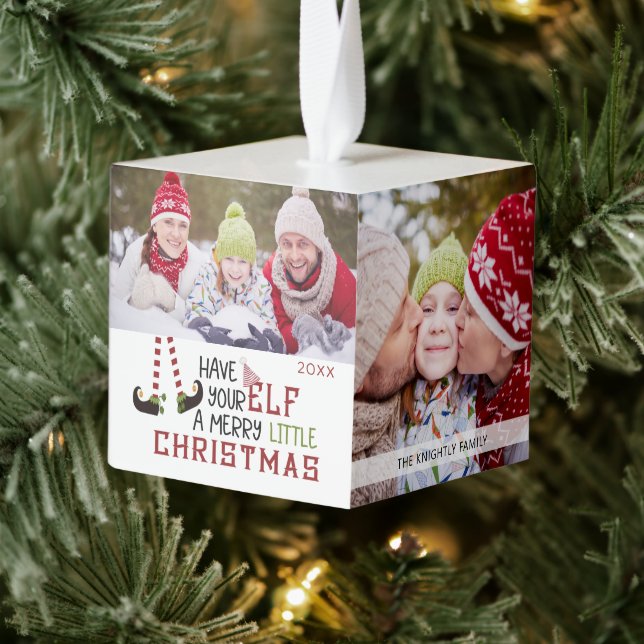 Cute Elf MERRY LITTLE CHRISTMAS 4 Photo Cube Ornament (Tree)