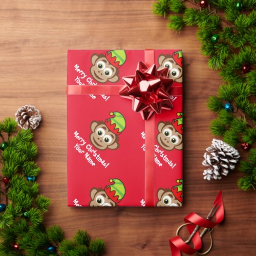 Cute Elf monkey cartoon Christmas wrapping paper