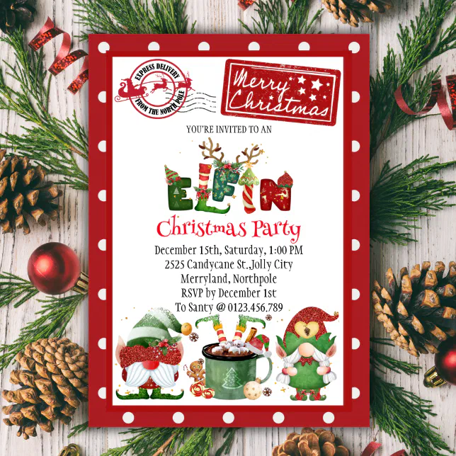 Cute Elf North Pole Christmas Party Invitation | Zazzle