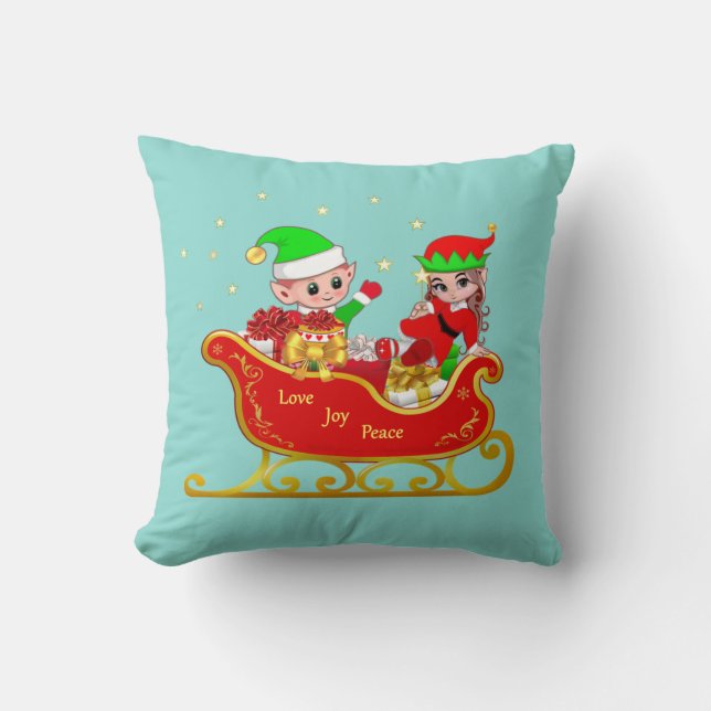 Cute Elf on Christmas Sleigh on Teal Throw Pillow (Front)