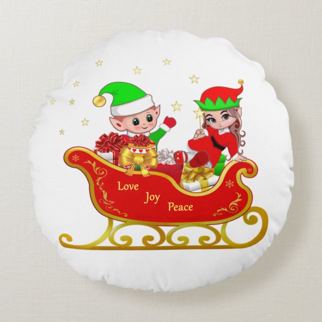 Cute Elf on Christmas Sleigh Round Pillow (Front)