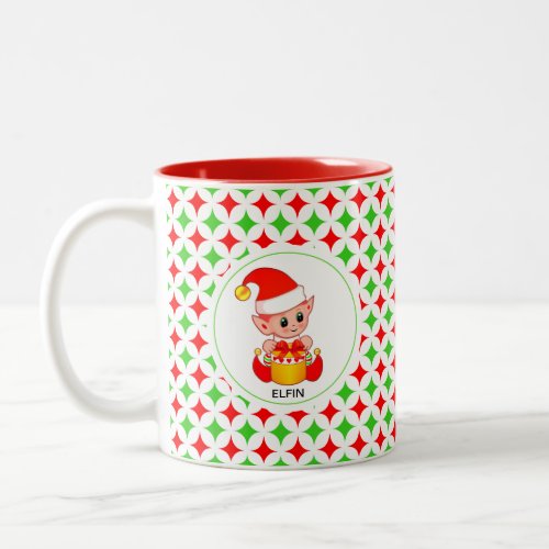  Cute Elf on Green  Red Diamond Star Pattern Two_Tone Coffee Mug