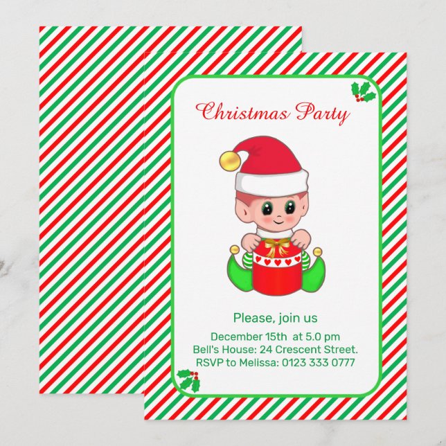 Cute Elf on Green, Red Striped Christmas Party Invitation (Front/Back)