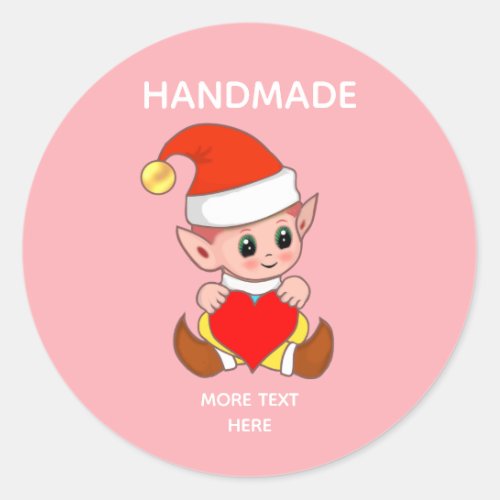 Cute Elf on Light Pink and Handmade Text Classic Round Sticker