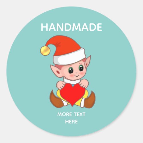 Cute Elf on Light Teal and Handmade Text Classic Round Sticker