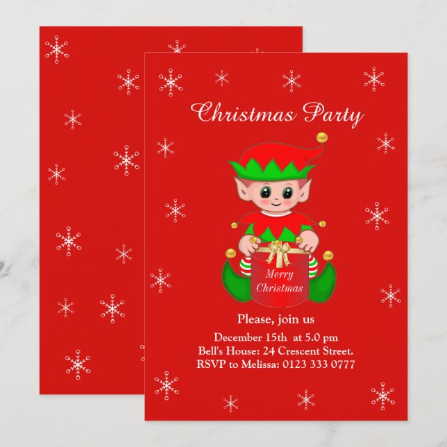 Cute Elf on Red Christmas Party Invitation (Front/Back)