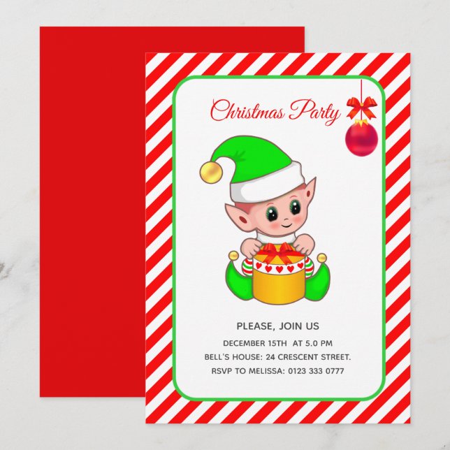 Cute Elf on Red & White Christmas Invitation (Front/Back)