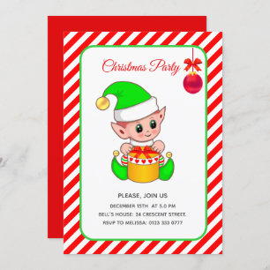 Cute Elf on Red & White Christmas Invitation