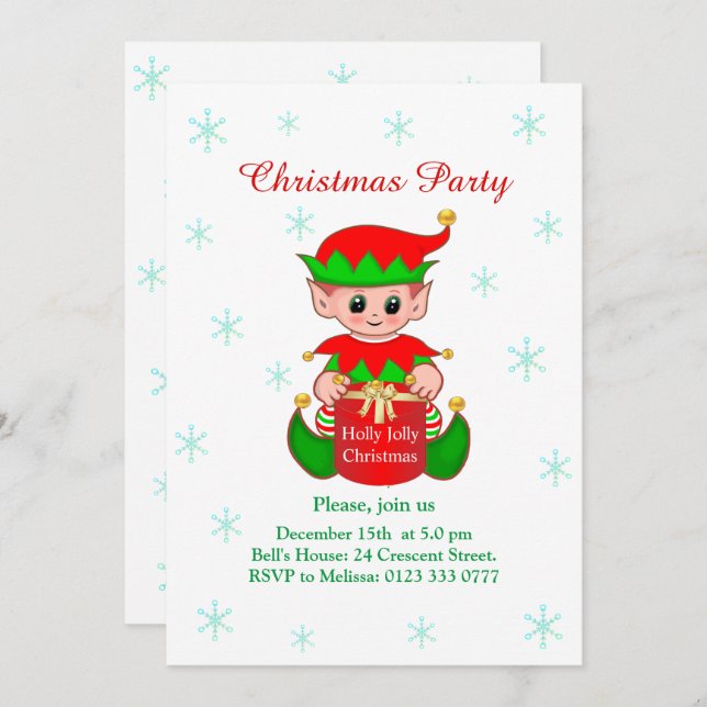 Cute Elf on White Christmas Party Invitation (Front/Back)
