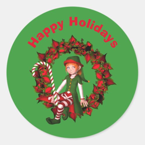 Cute Elf On Wreath Christmas Holiday  Classic Round Sticker