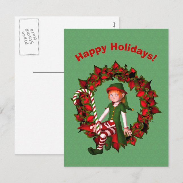 Cute Elf On Wreath Christmas Holiday Postcard (Front/Back)