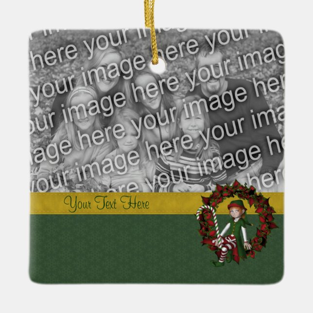 Cute Elf On Wreath Holiday Photo  Ceramic Ornament (Front)