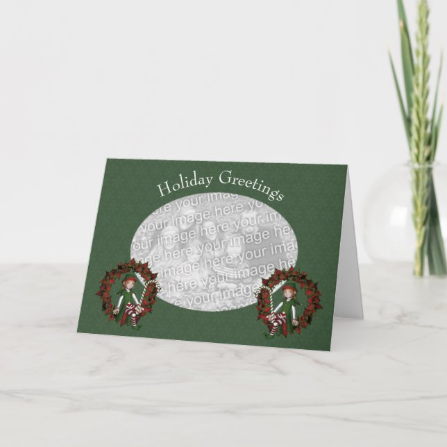 Cute Elf Poinsettia Wreath Holiday Photo Card (Front)