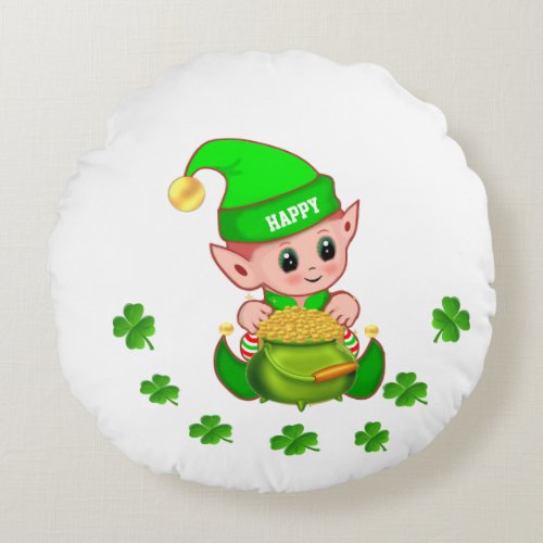 Cute elf pot of gold  lucky shamrocks on white round pillow