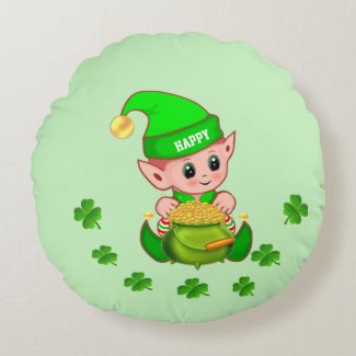 Cute elf, pot of gold & shamrocks on light green