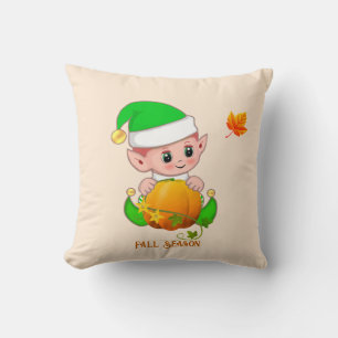 Cute Elf & Pumpkin on Light Beige Throw Pillow