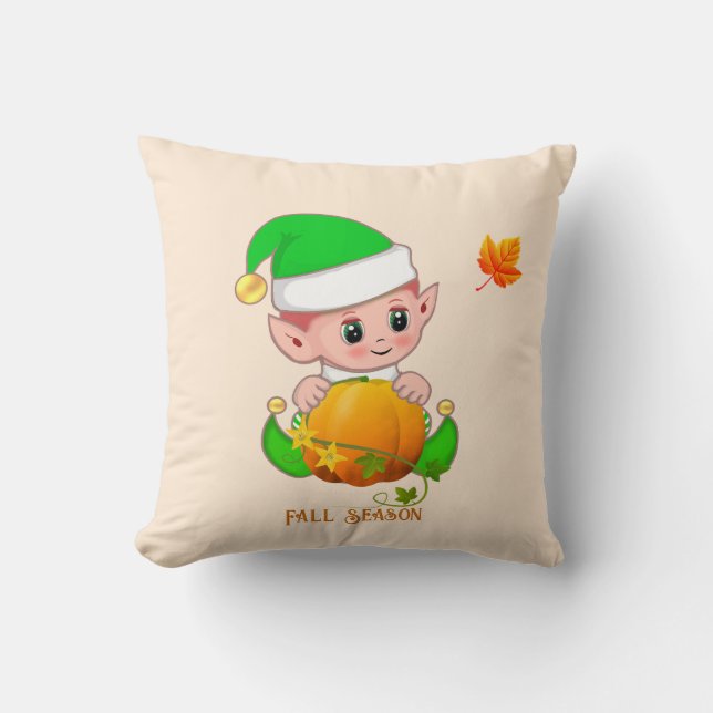 Cute Elf & Pumpkin on Light Beige Throw Pillow (Front)