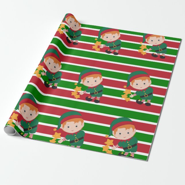 Cute Elf Red and Green Stripes Christmas Wrapping Paper (Unrolled)