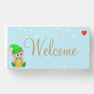 Cute elf & red heart on light blue welcome wooden box sign