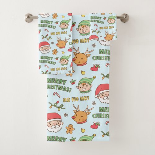 Cute Elf Reindeer Santa Merry Christmas Pattern Bath Towel Set