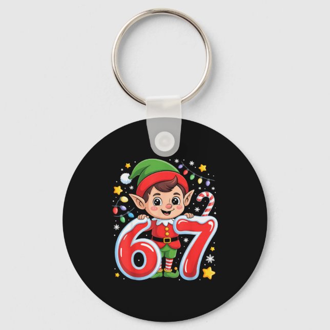 Cute Elf Six Seven 6 7 Meme Funny Christmas Costum Keychain (Front)
