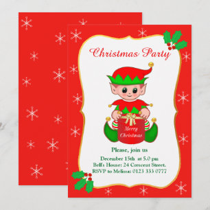 Cute Elf & Snowflakes Christmas Party Invitation