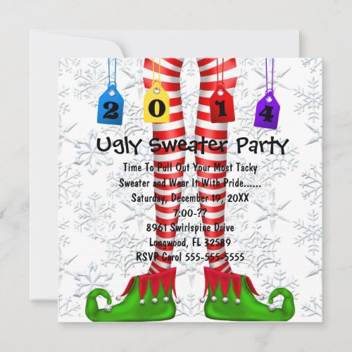 Cute Elf Stocking Ugly Sweater Party Invite
