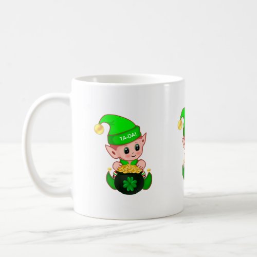 Cute elf with a pot of gold  lucky shamrock coffee mug