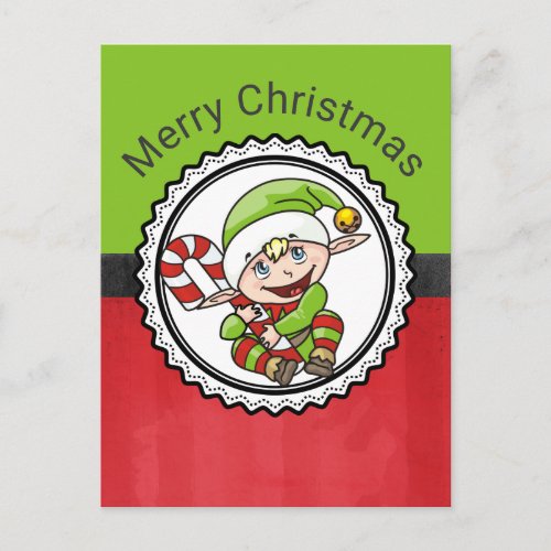 Cute Elf with Christmas Cane Merry Christmas Holiday Postcard