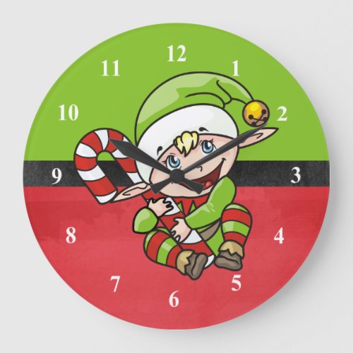 Cute Elf with Christmas Cane Merry Christmas Large Clock