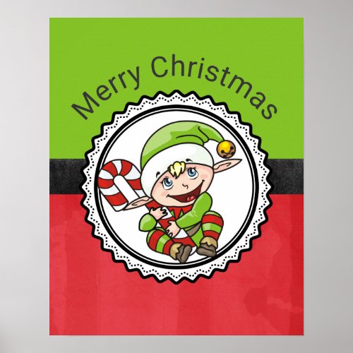 Cute Elf with Christmas Cane Merry Christmas Poster