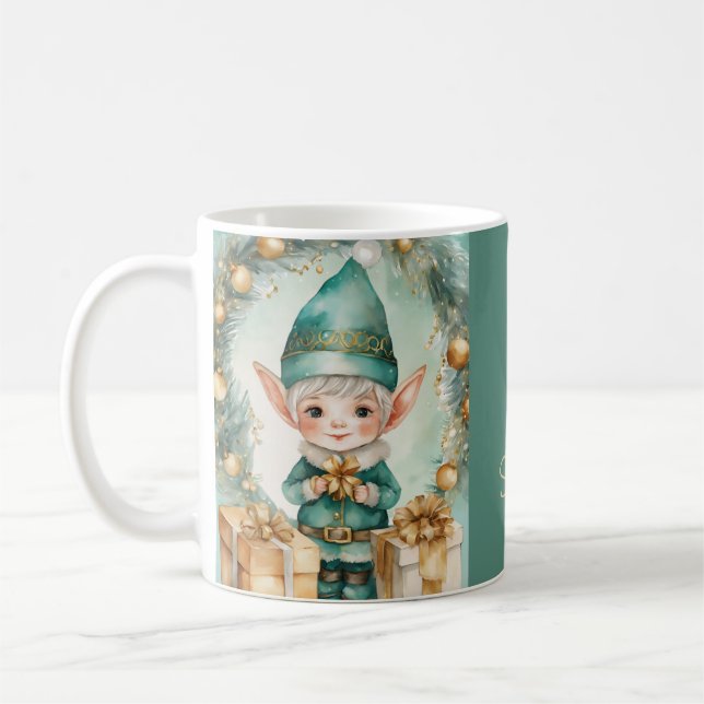 Cute Elf with Christmas Presents  Coffee Mug (Left)