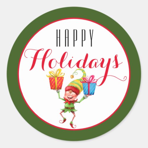 Cute Elf with Gifts Happy HolidayGreen Classic Round Sticker