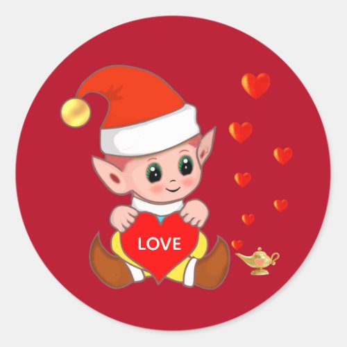 Cute elf with love hearts on red classic round sticker