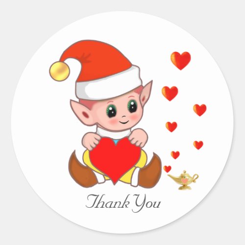 Cute elf with love hearts on white classic round sticker