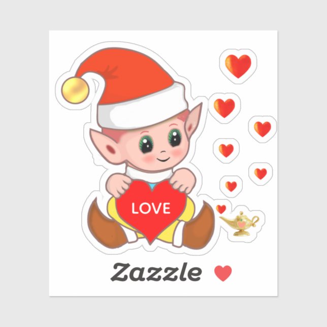 Cute elf with love hearts sticker (Sheet)