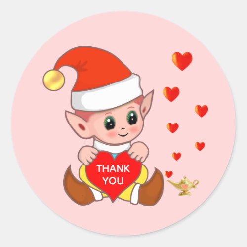 Cute elf with love hearts Thank You Classic Round  Classic Round Sticker