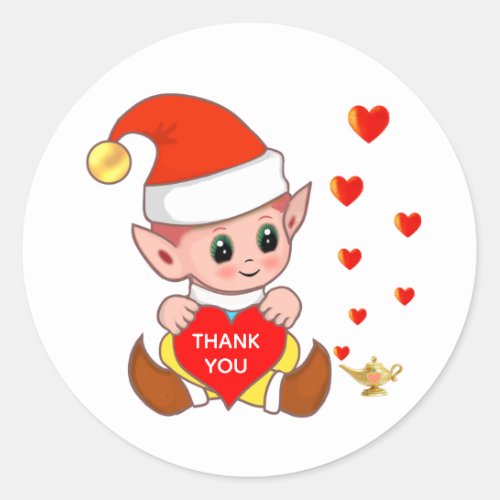 Cute elf with love hearts Thank You Classic Round Sticker