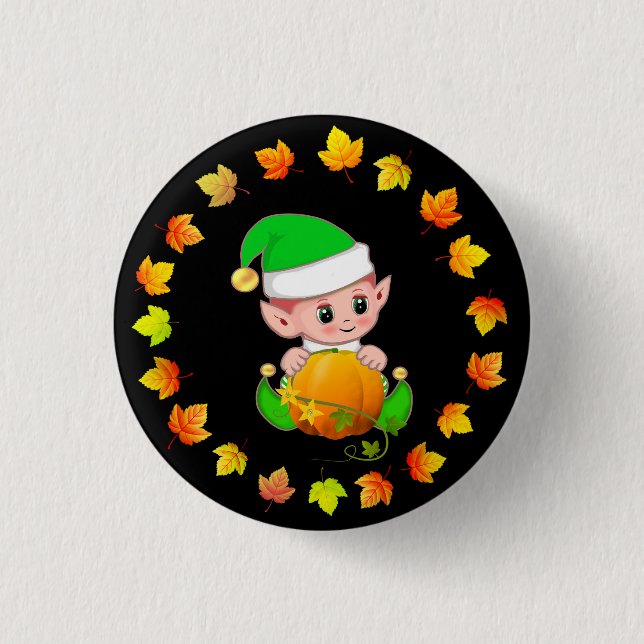 Cute Elf with Pumpkin and Fall Leaves on Black  Button (Front)