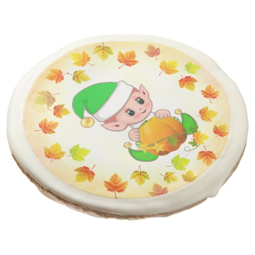 Cute Elf with Pumpkin and Holiday Fall Leaves  Sugar Cookie