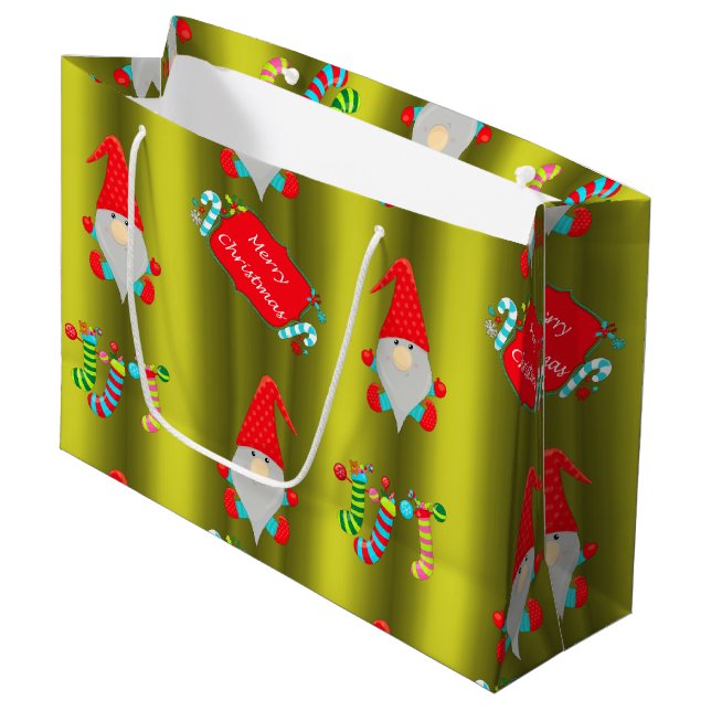 Cute Elves Chartreuse Green Christmas Large Gift Bag (Front Angled)
