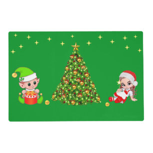 Cute Elves & Christmas Tree on Green Placemat