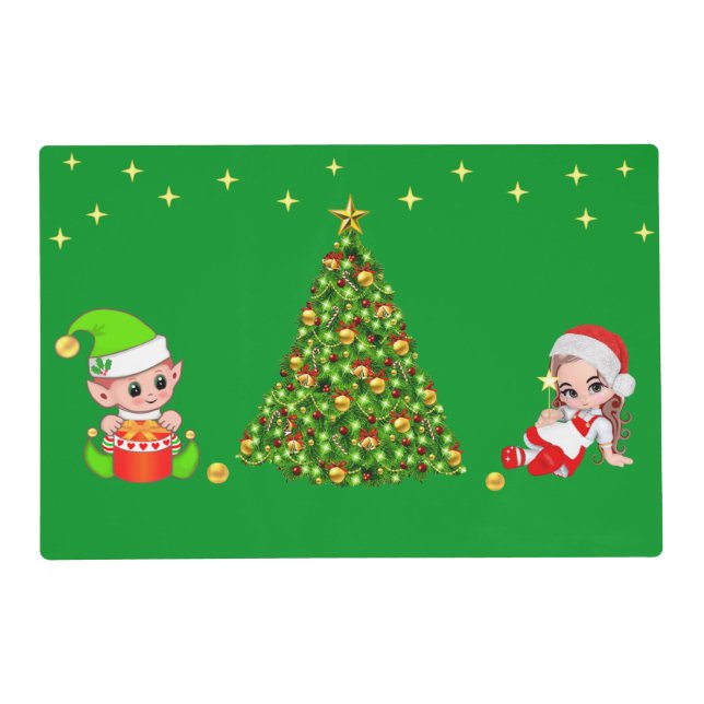 Cute Elves & Christmas Tree on Green Placemat (Front)