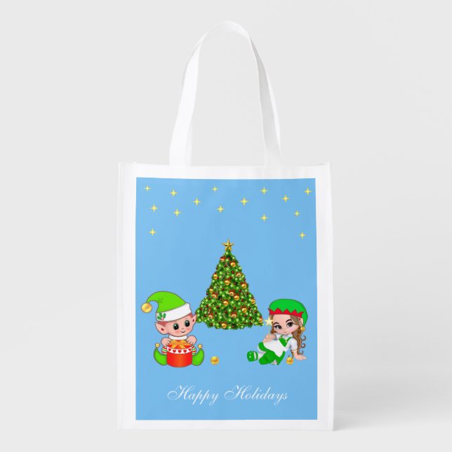 Cute Elves & Christmas Tree on Light Blue Grocery Bag (Front)