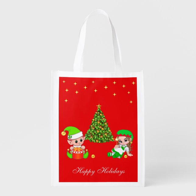 Cute Elves & Christmas Tree on Red Grocery Bag (Front)